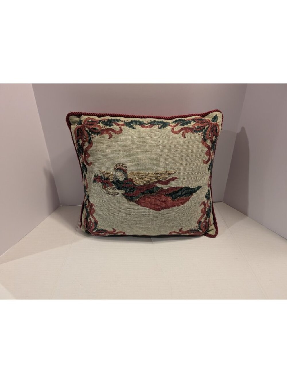 Tapestry Angel Decorative Throw Pillow With Red Backing 16x16 Inches
